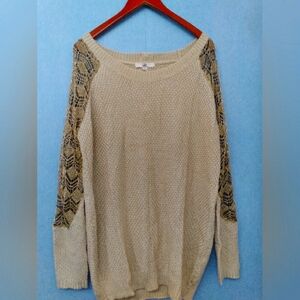 Cozy Cream‎ Knit Sweater with Metallic Lace Sleeves Boho Chic Pullover